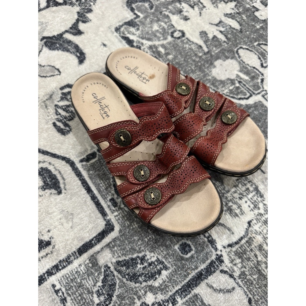 Womens Clarks Sandals Sz 6 Slip On Red Slides Leisa Lacole Casual Comfort Flat